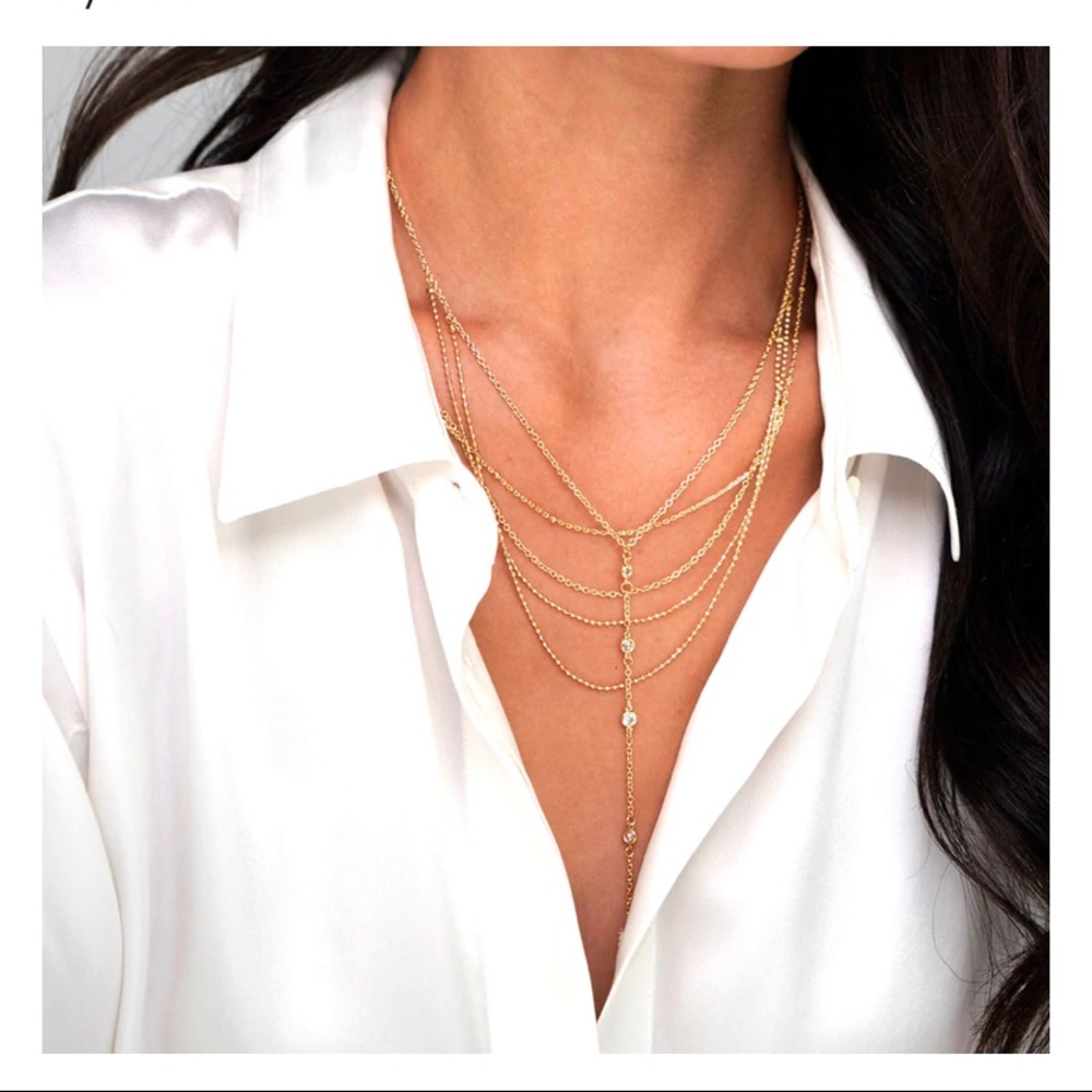 Drop necklace, multilayered gold necklace